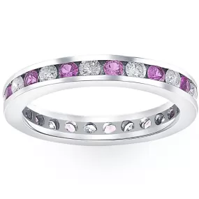 1 1/2ct Pink Sapphire & Diamond Eternity Channel Set Wedding Ring 14k White Gold