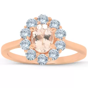 1 1/4 Ct TW Oval Morganite Halo Diamond Ring 14k Rose Gold