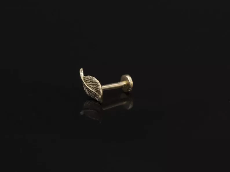 14k Gold Leaf Feather Wing Internally Threaded Flat Back Earring Labret Piercing