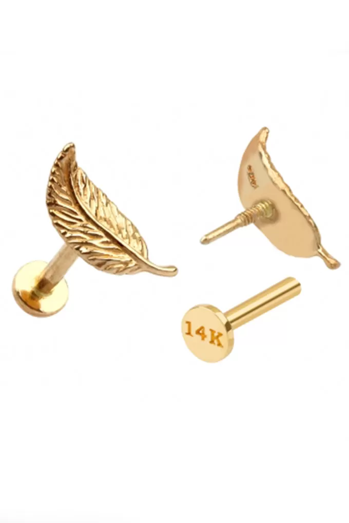 14k Gold Leaf Feather Wing Internally Threaded Flat Back Earring Labret Piercing