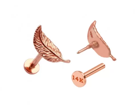 14k Gold Leaf Feather Wing Internally Threaded Flat Back Earring Labret Piercing