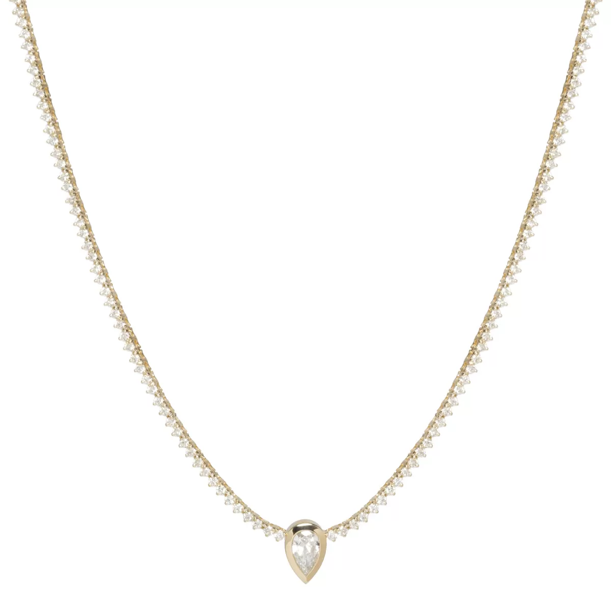 14k Prong Diamond Tennis Necklace with Pear Diamond Pendant