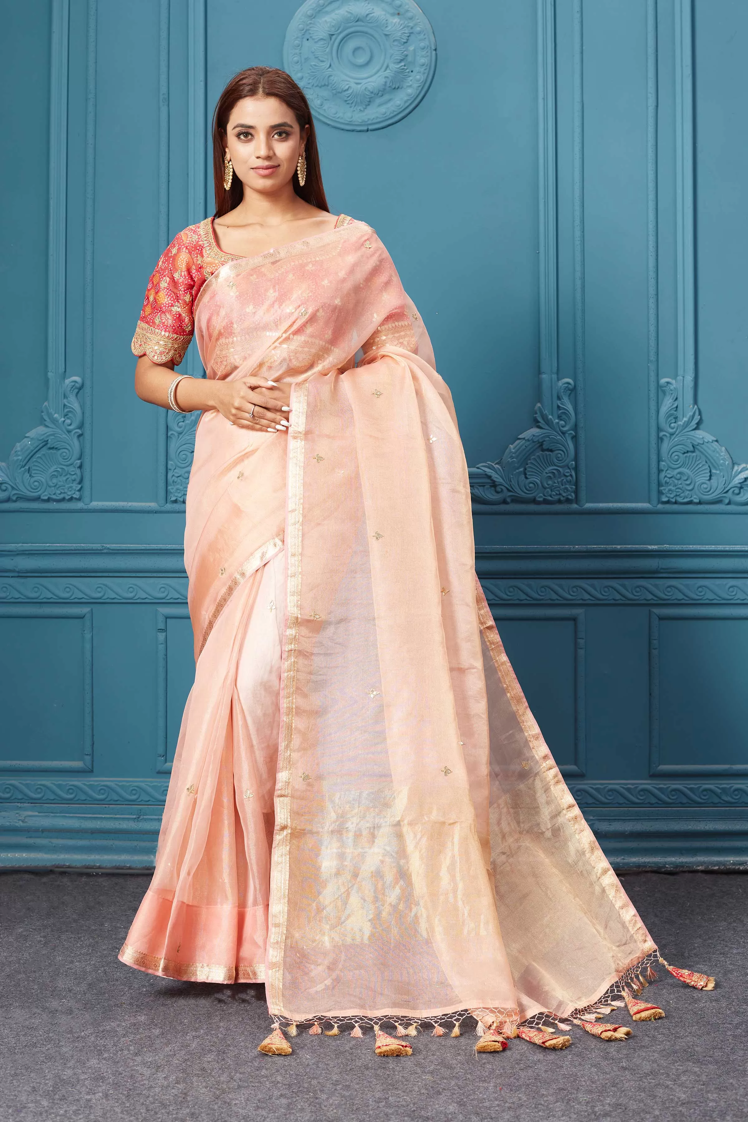 91A089 Powder Pink Organza Silk Saree with Pink Embroidered Blouse