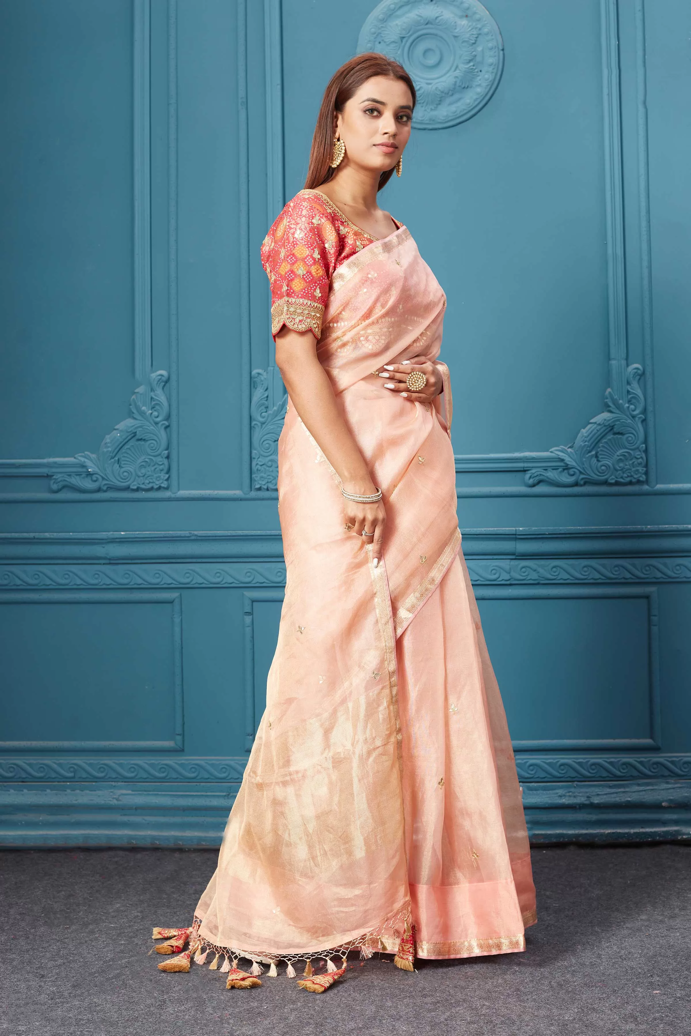 91A089 Powder Pink Organza Silk Saree with Pink Embroidered Blouse