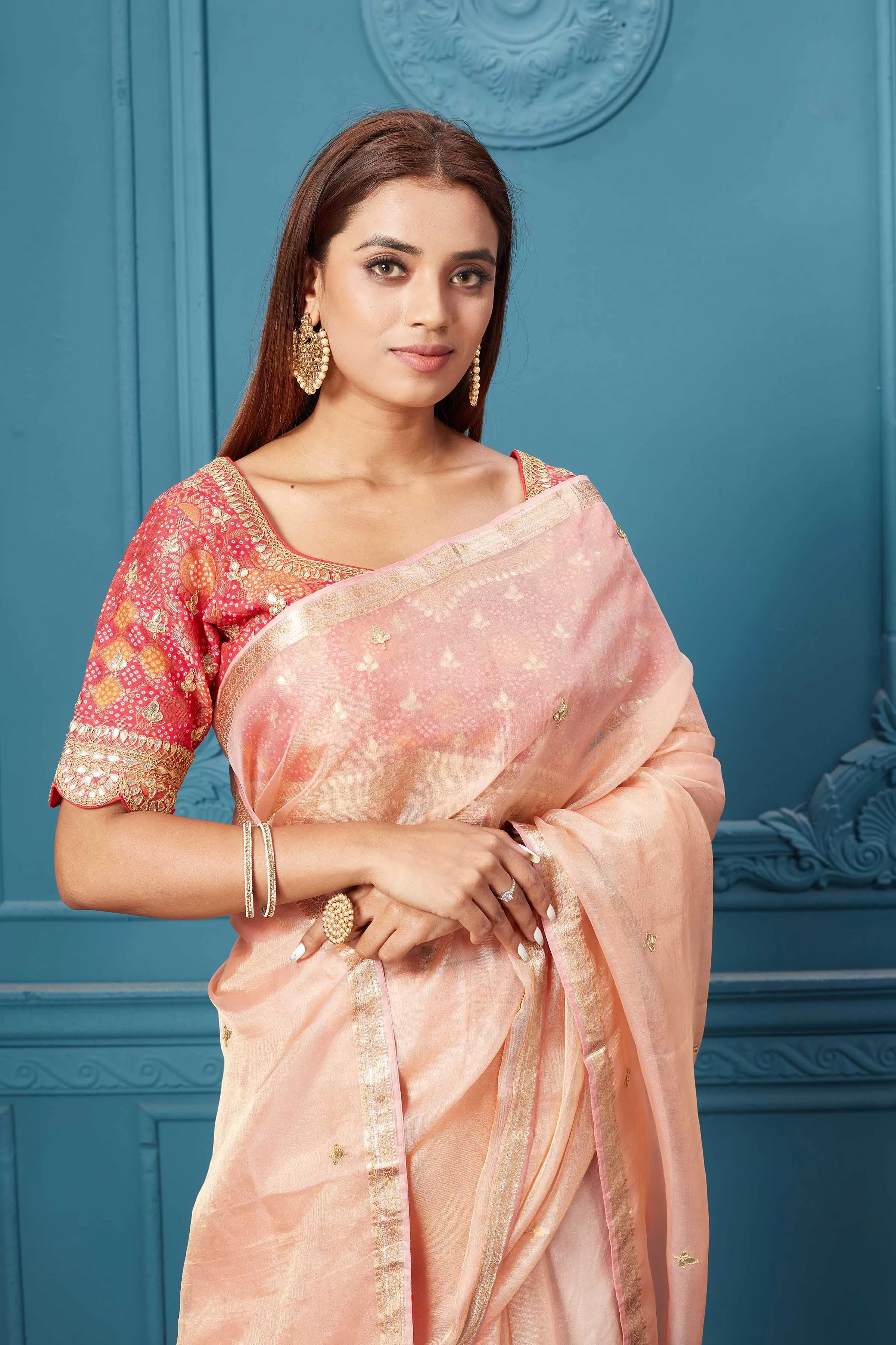 91A089 Powder Pink Organza Silk Saree with Pink Embroidered Blouse