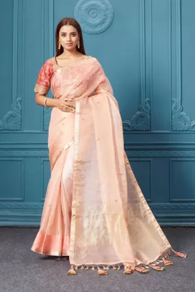 91A089 Powder Pink Organza Silk Saree with Pink Embroidered Blouse