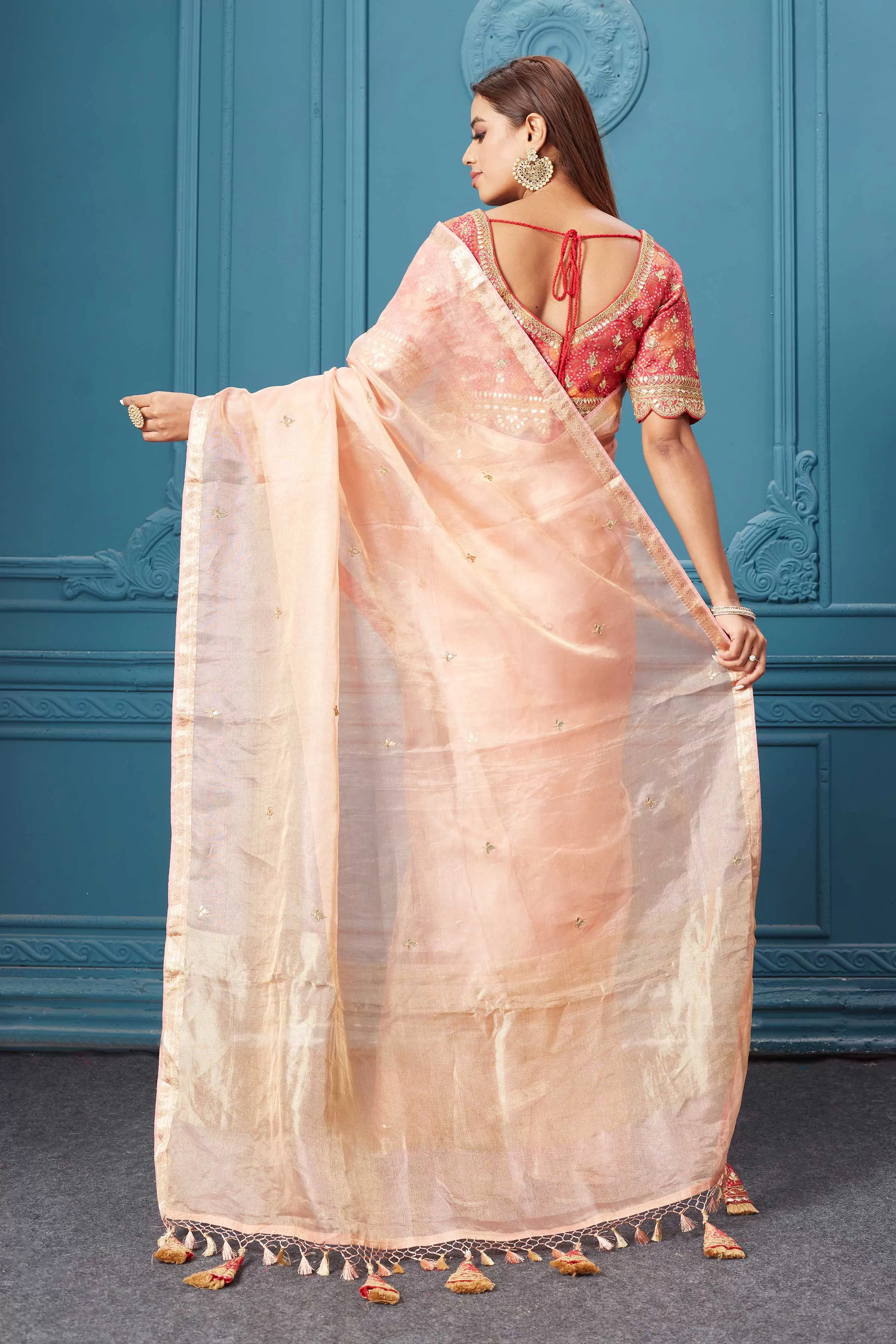 91A089 Powder Pink Organza Silk Saree with Pink Embroidered Blouse