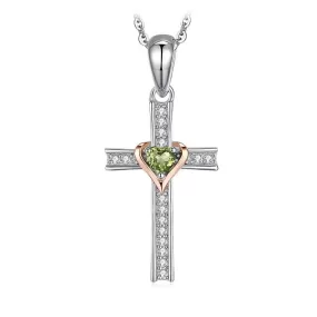 925 Sterling Silver Peridot Heart Crystal on Silver Cross Pendant and Chain Necklace