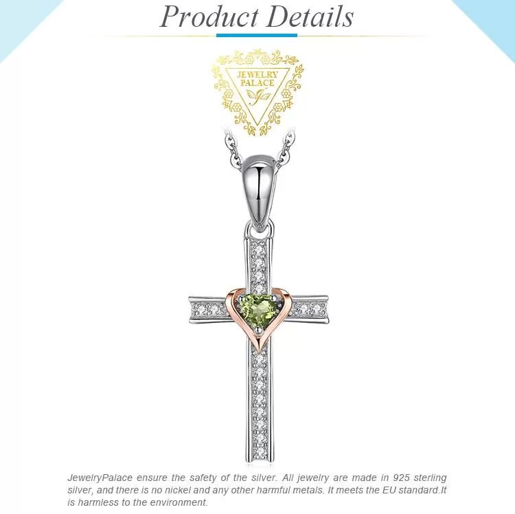 925 Sterling Silver Peridot Heart Crystal on Silver Cross Pendant and Chain Necklace