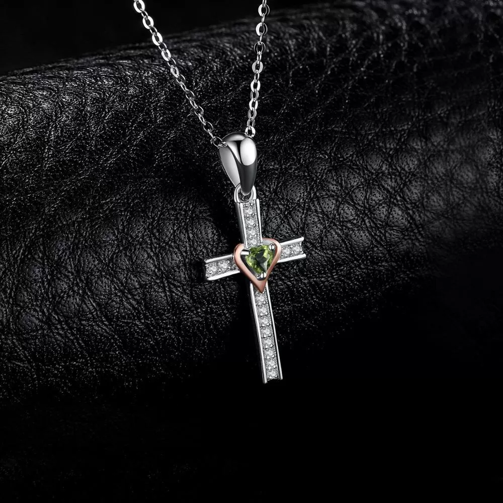 925 Sterling Silver Peridot Heart Crystal on Silver Cross Pendant and Chain Necklace