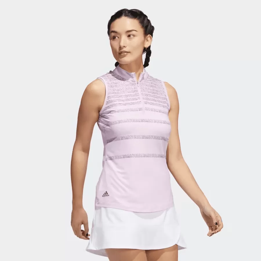 Adidas Ladies Herringbone Stripe Sleeveless Polo Shirt - Pink