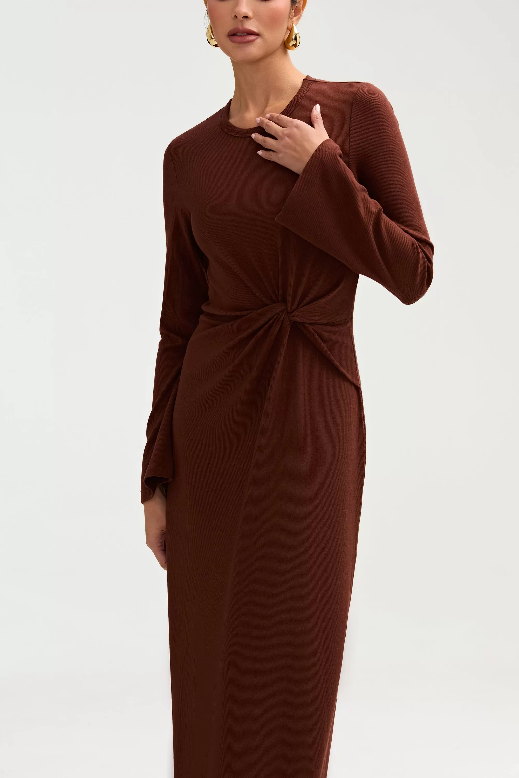 Aissia Ribbed Twist Front Maxi Dress - Chocolate