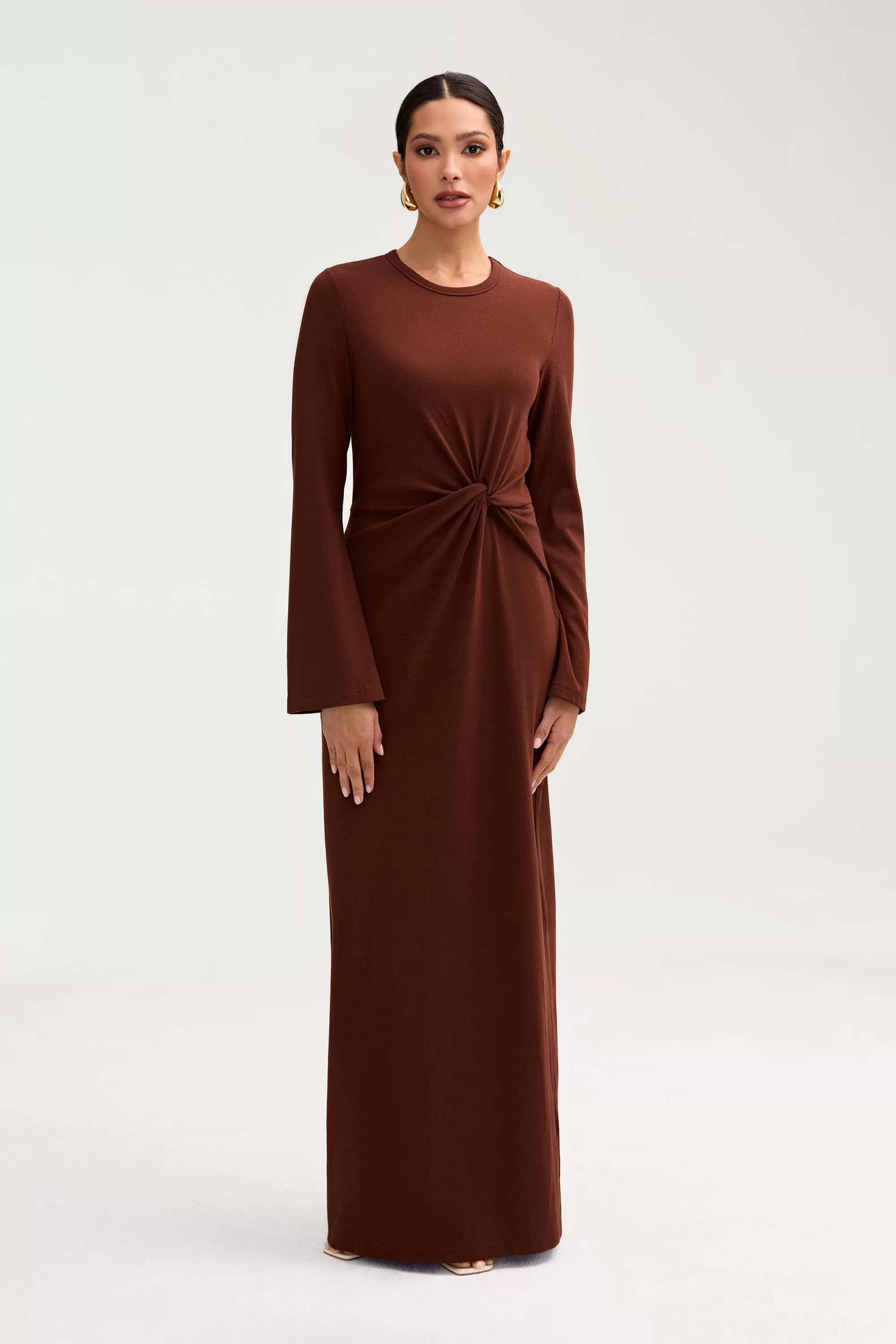 Aissia Ribbed Twist Front Maxi Dress - Chocolate