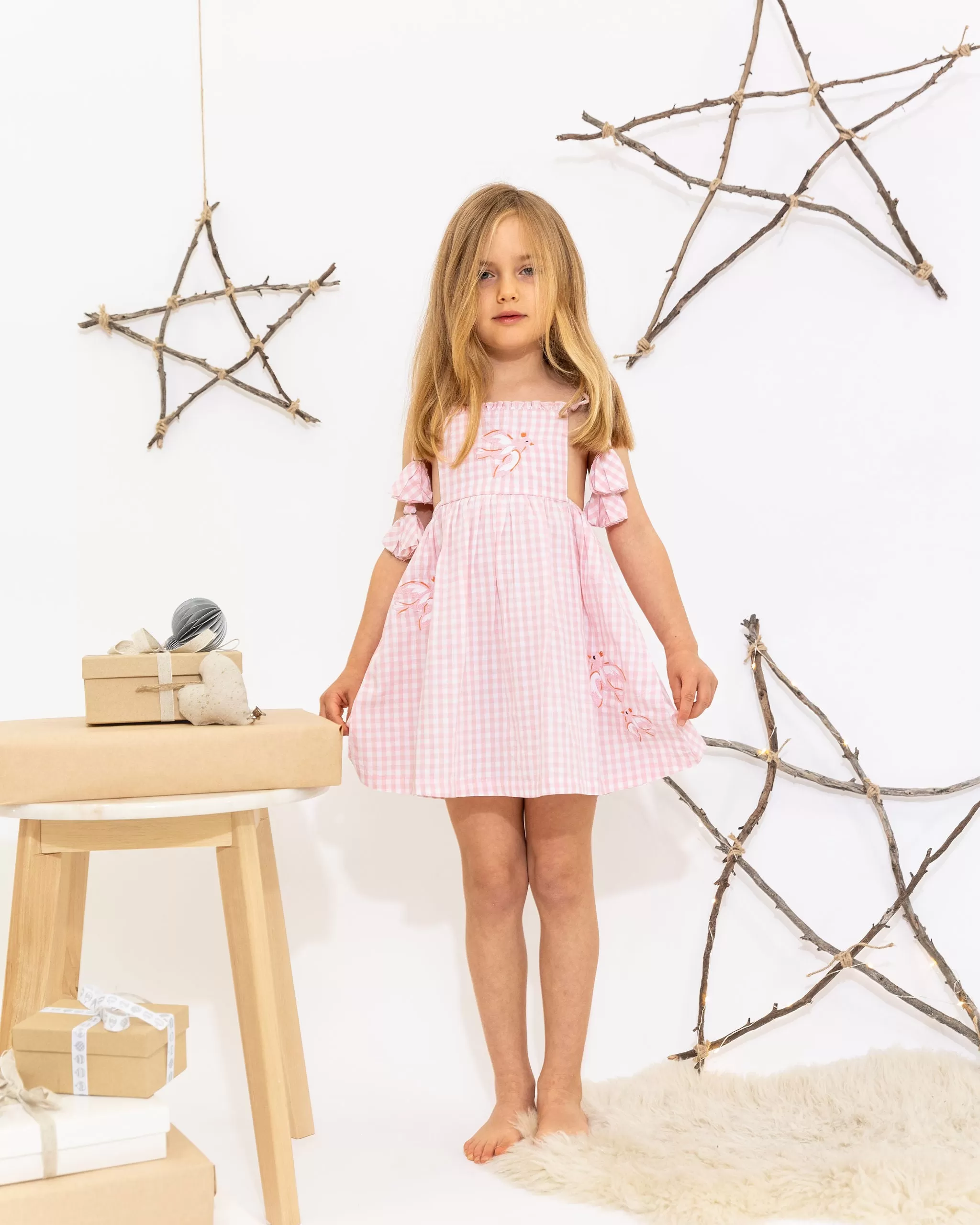 Angela Dress - Pink Gingham Birds