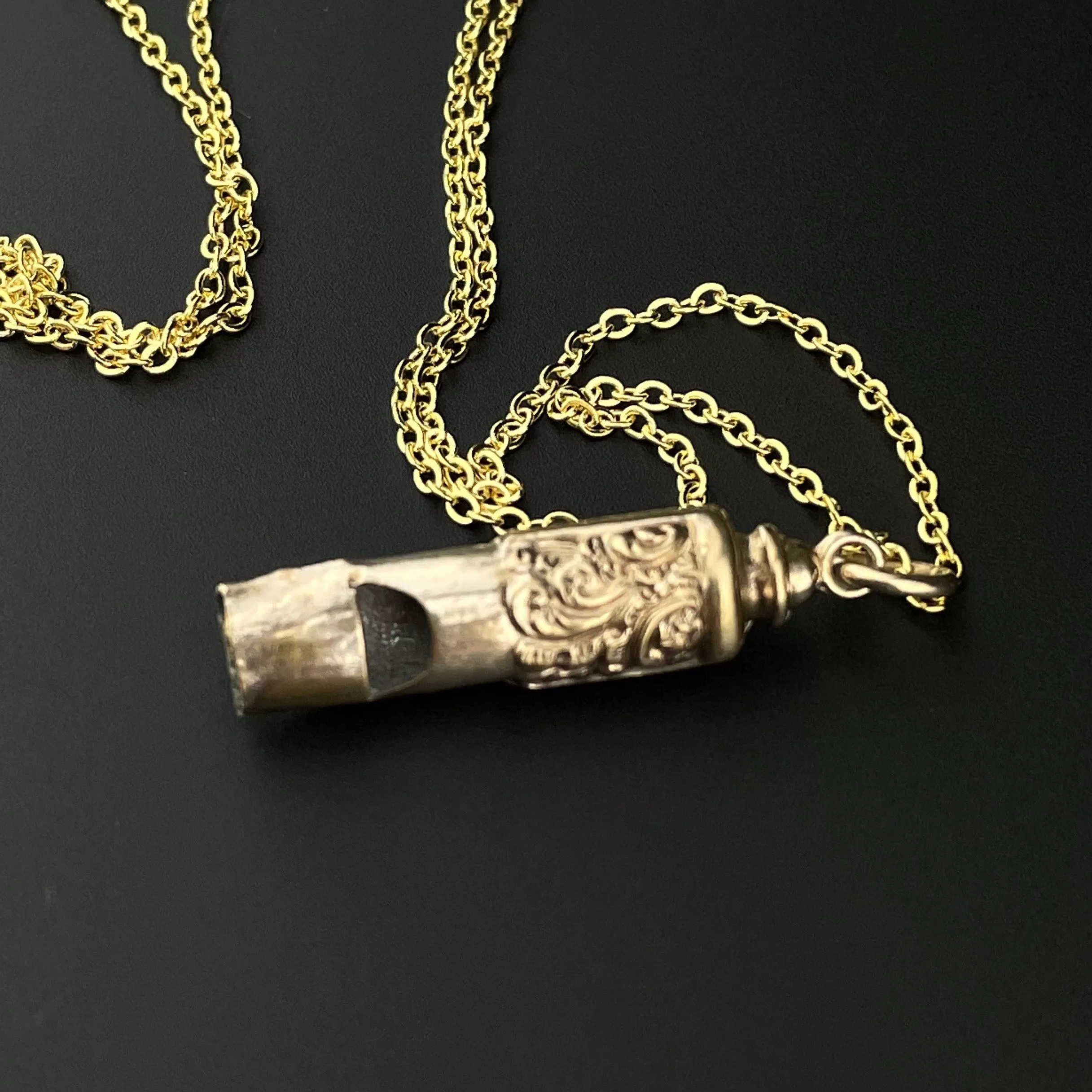 Antique Rolled Gold Engraved Whistle Charm Pendant Necklace