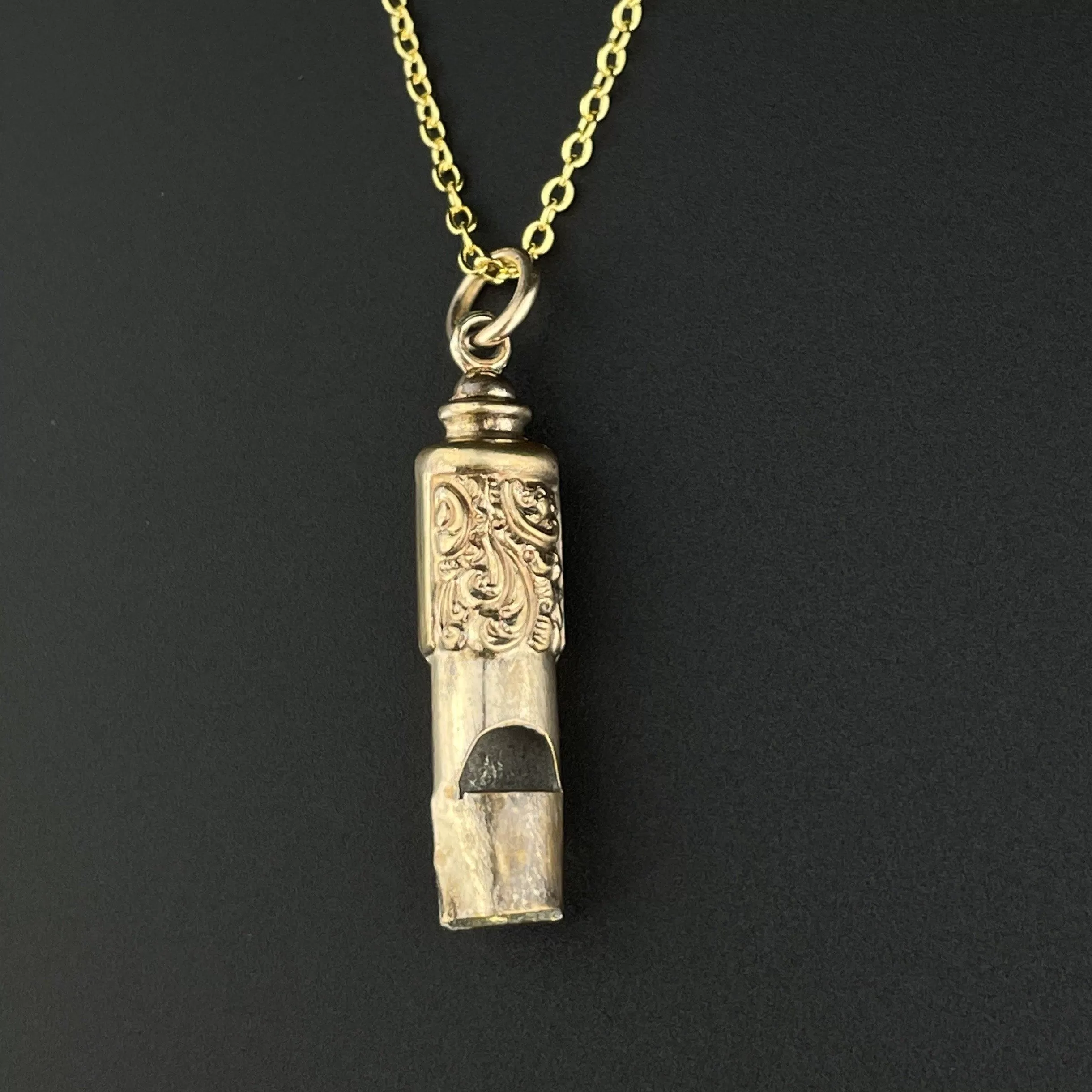 Antique Rolled Gold Engraved Whistle Charm Pendant Necklace