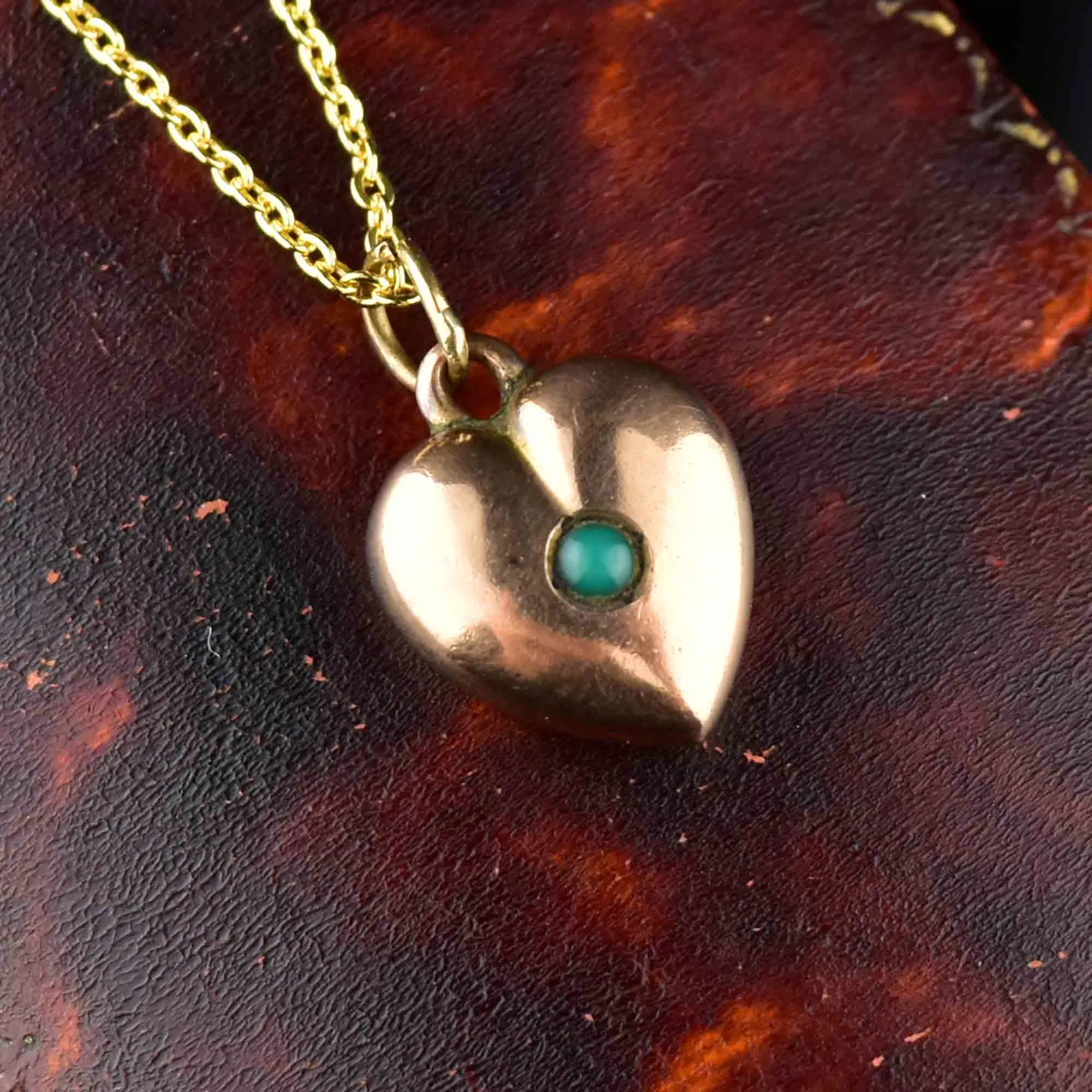 Antique Rose Gold Turquoise Puffy Heart Pendant Necklace