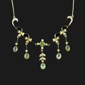 Antique Victorian 14K Gold Pearl Peridot Necklace