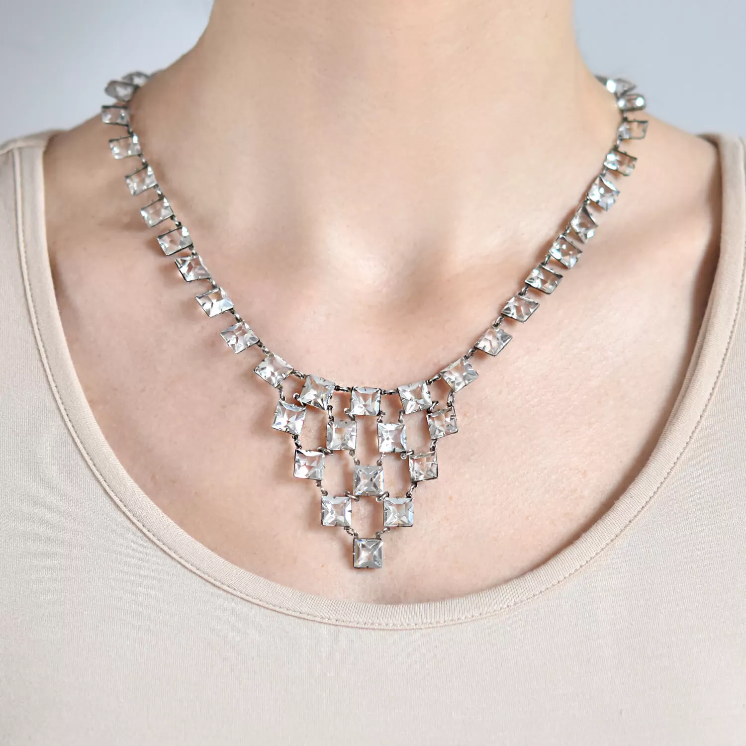 Art Deco Sterling Silver Square Cut Crystal Festoon Necklace