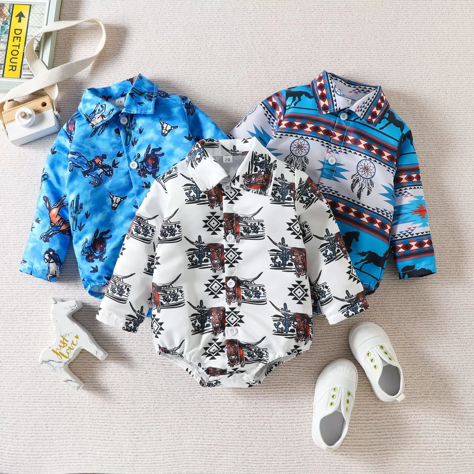 Baby Boys Cartoon Dinosaur Print Long-sleeved Shirt Jumpsuit