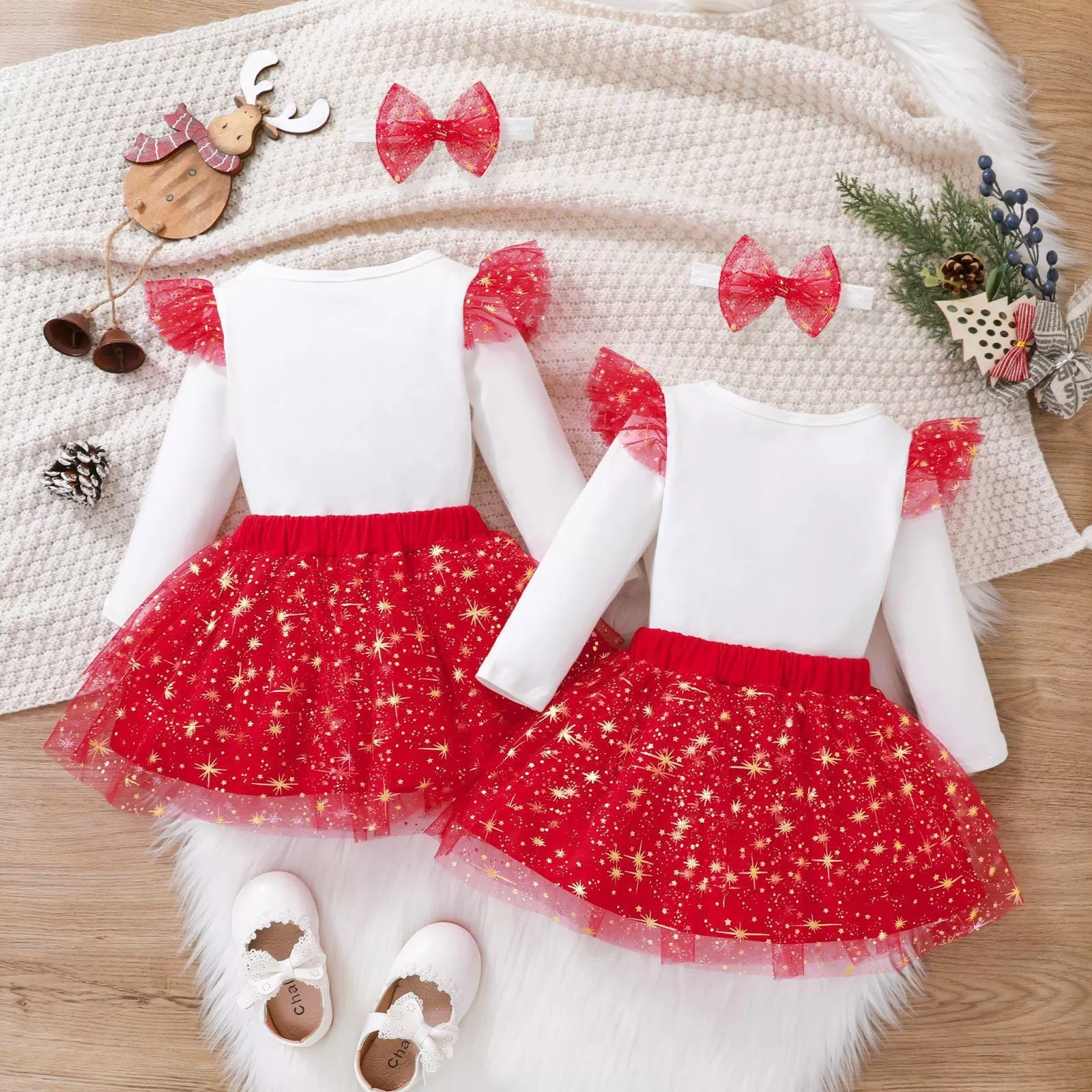 Baby Girls Solid Color Cartoon Christmas Print Long Sleeve Jumpsuit Net Short Skirt Set