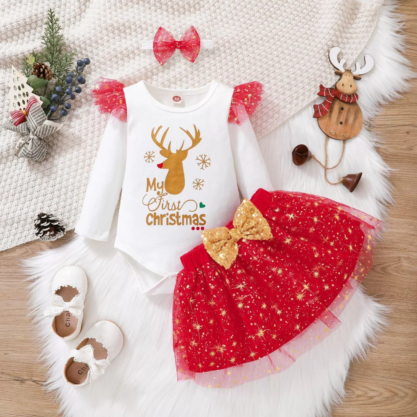 Baby Girls Solid Color Cartoon Christmas Print Long Sleeve Jumpsuit Net Short Skirt Set