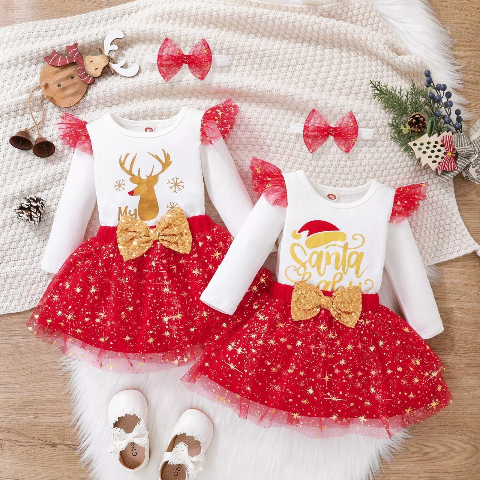 Baby Girls Solid Color Cartoon Christmas Print Long Sleeve Jumpsuit Net Short Skirt Set