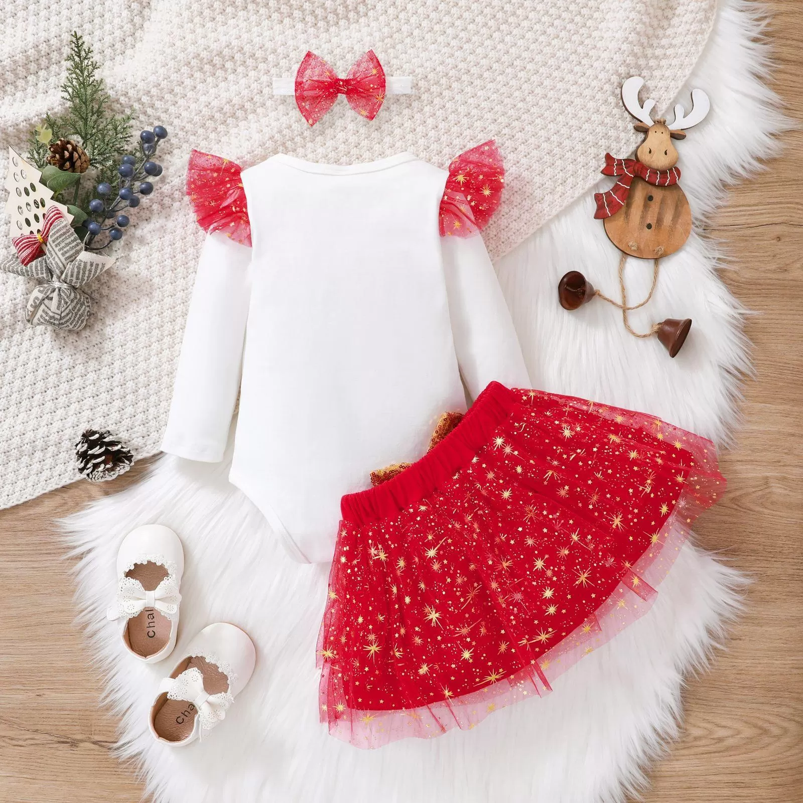 Baby Girls Solid Color Cartoon Christmas Print Long Sleeve Jumpsuit Net Short Skirt Set