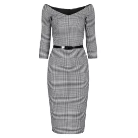 Black & White Check Vintage Belted 3/4 Sleeve Pencil Dress