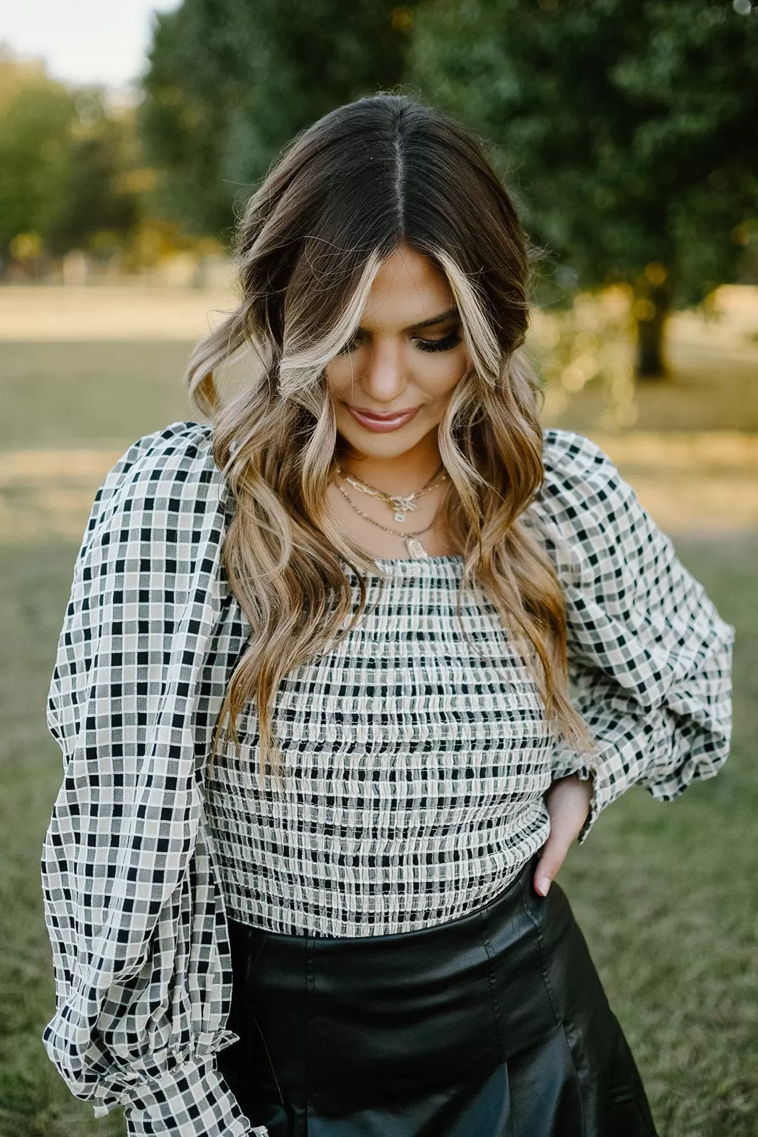 Black Checkered Smocked Top