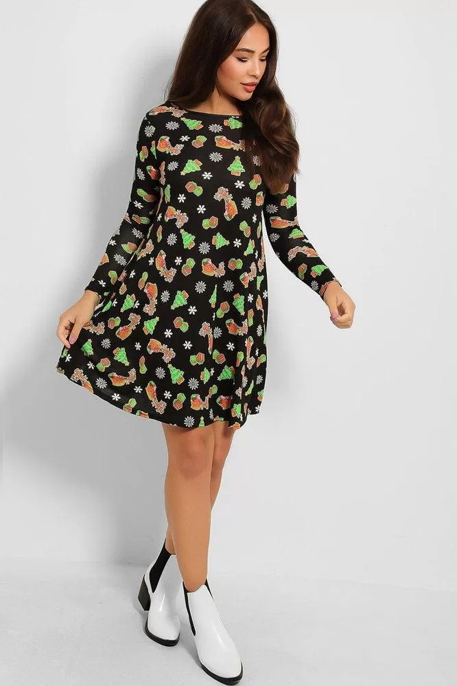 Black Christmas Tree And Presents Print Dress