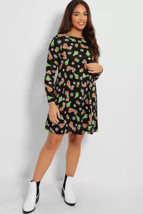 Black Christmas Tree And Presents Print Dress