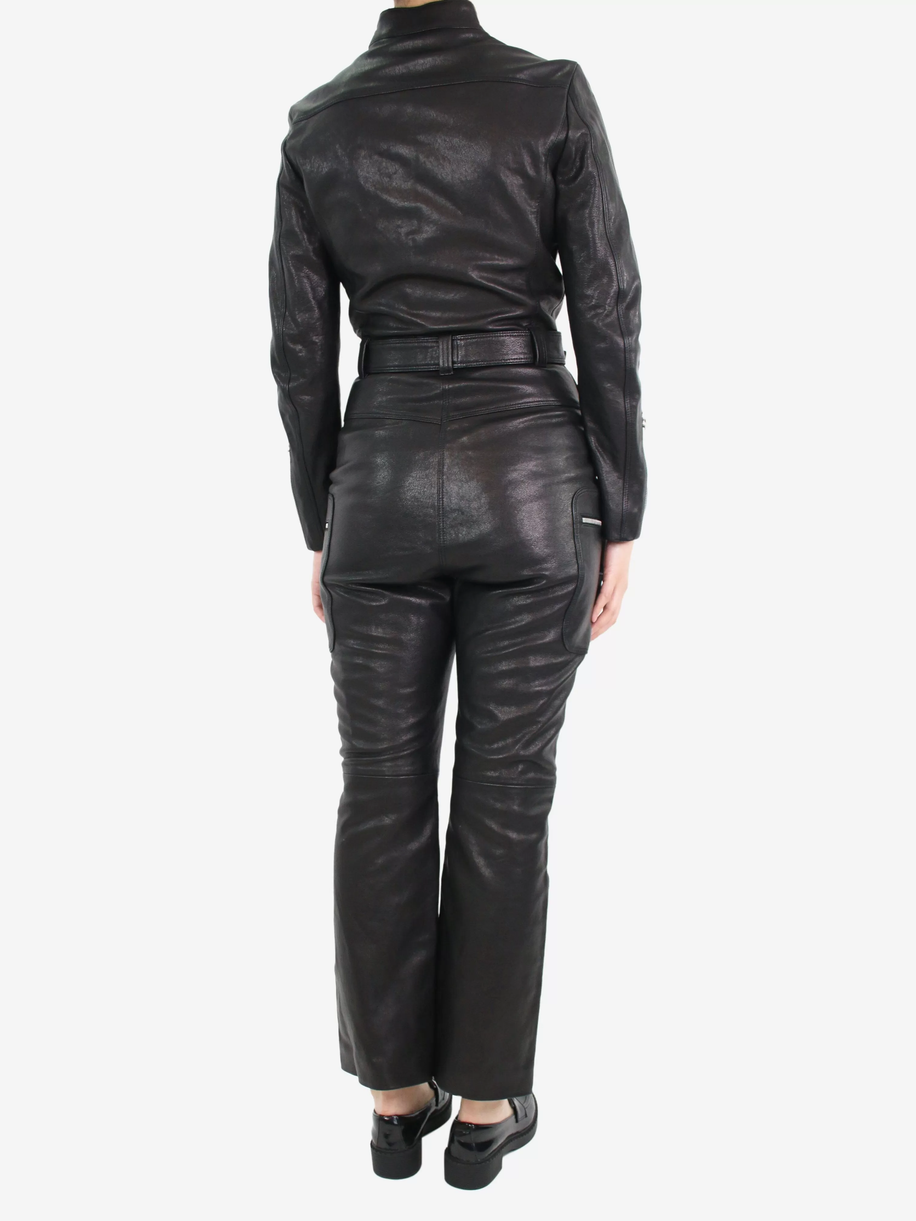 Black leather belted jumpsuit - size UK 8