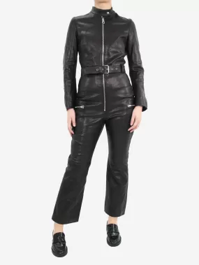 Black leather belted jumpsuit - size UK 8