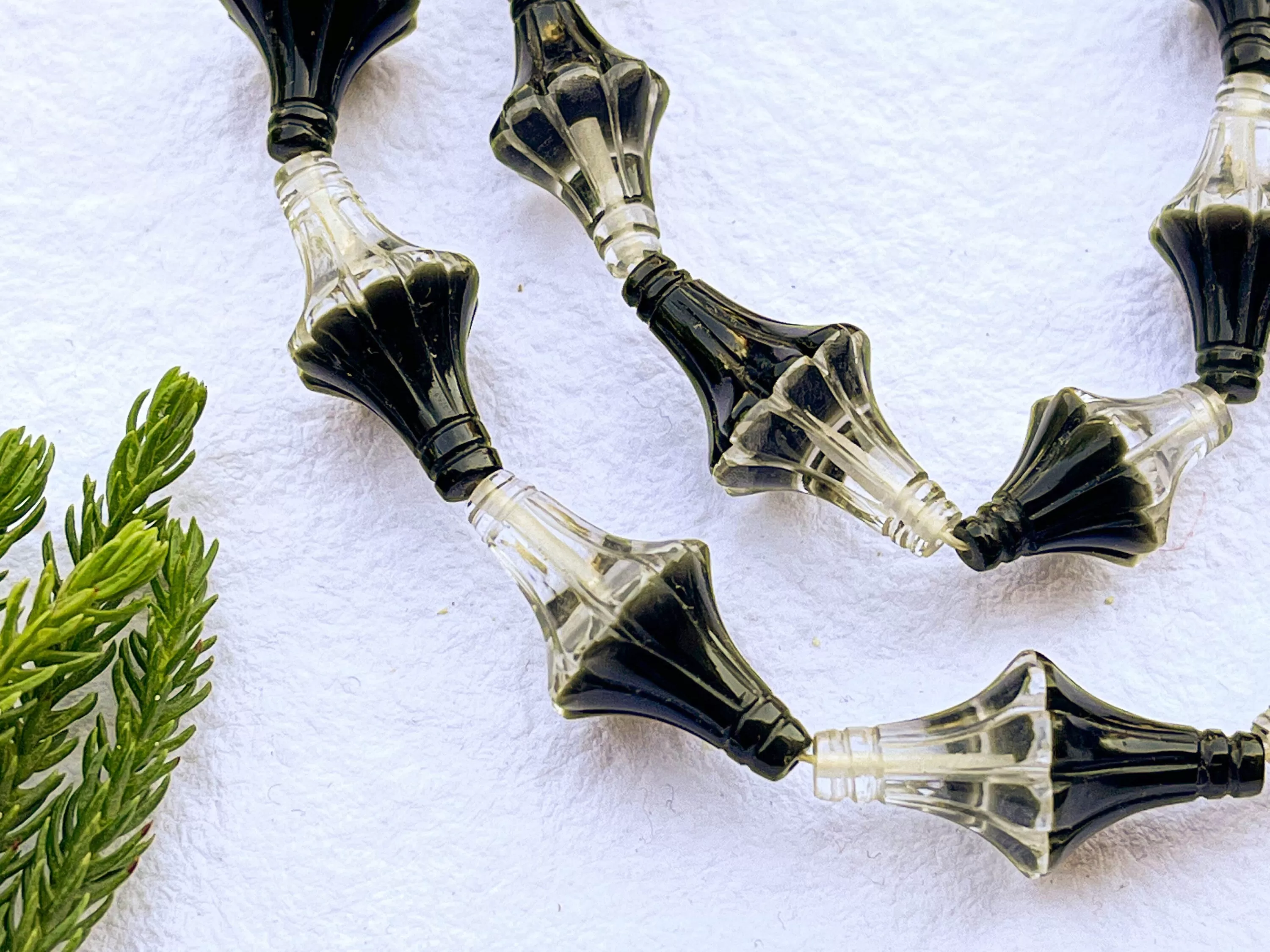 Black Obsidian and Crystal Doublet Flower Carved Beads