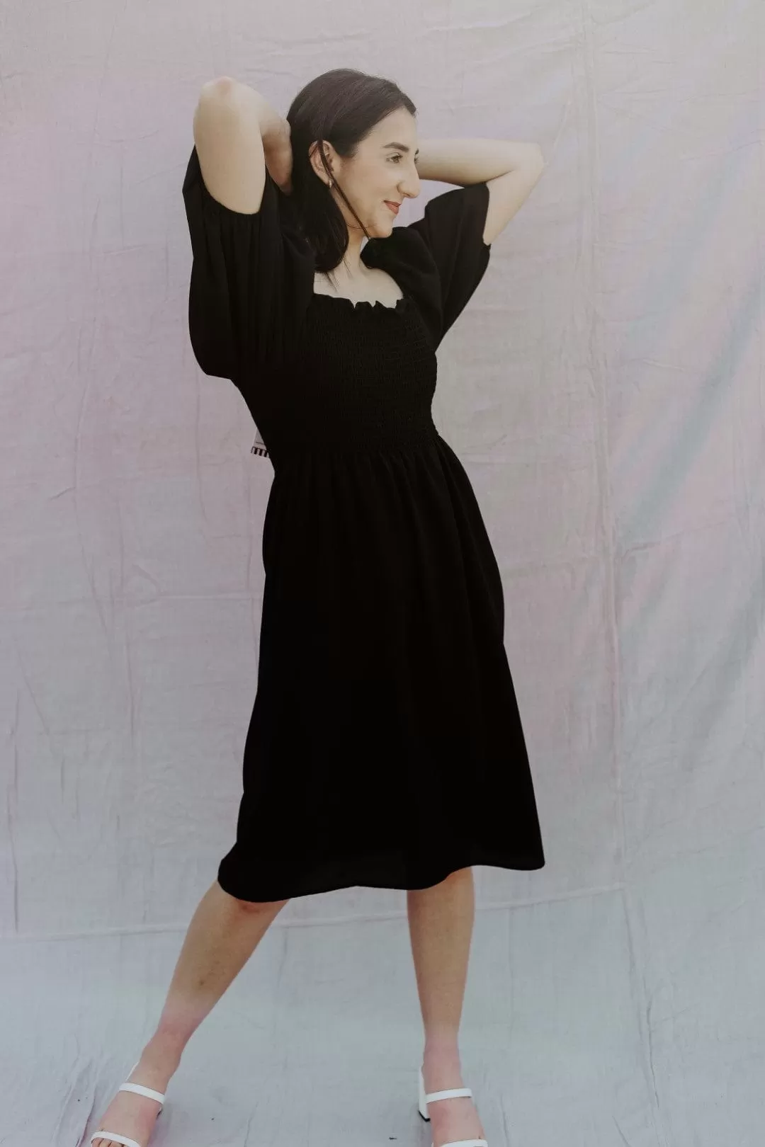 Black Short Sleeve Midi Dress