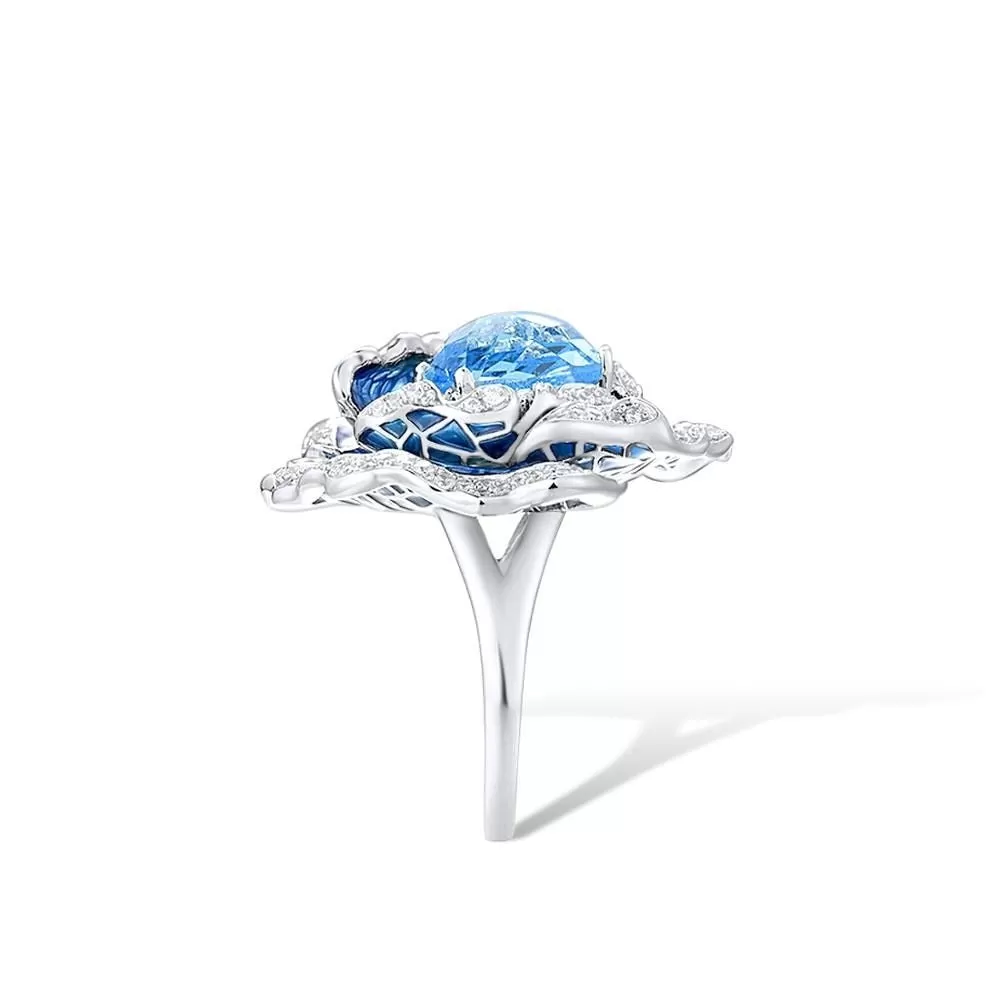 Blue Blooming Flower Ring Charm Jewelry - 925 Sterling Silver (GZ158)