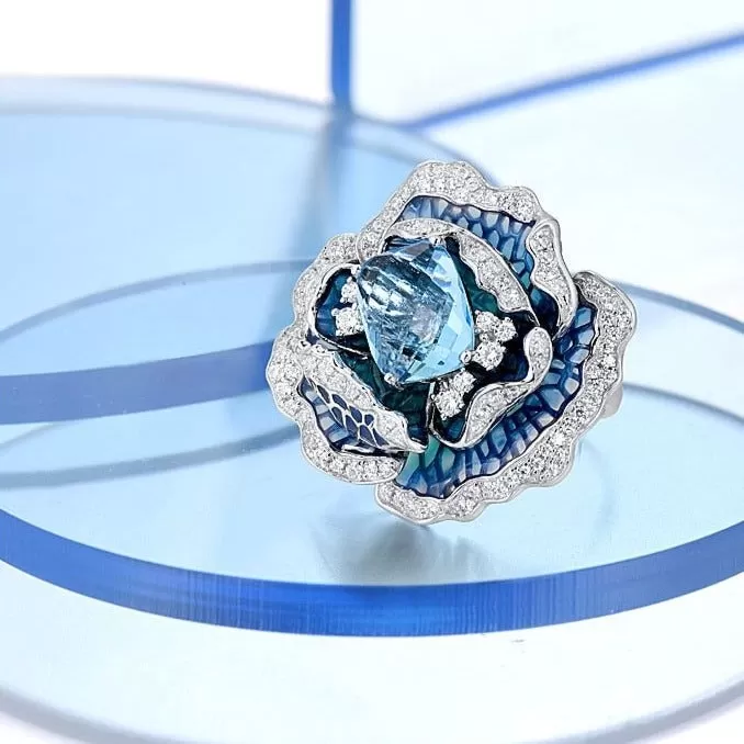 Blue Blooming Flower Ring Charm Jewelry - 925 Sterling Silver (GZ158)