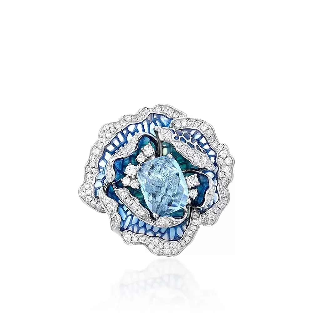 Blue Blooming Flower Ring Charm Jewelry - 925 Sterling Silver (GZ158)