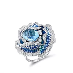 Blue Blooming Flower Ring Charm Jewelry - 925 Sterling Silver (GZ158)