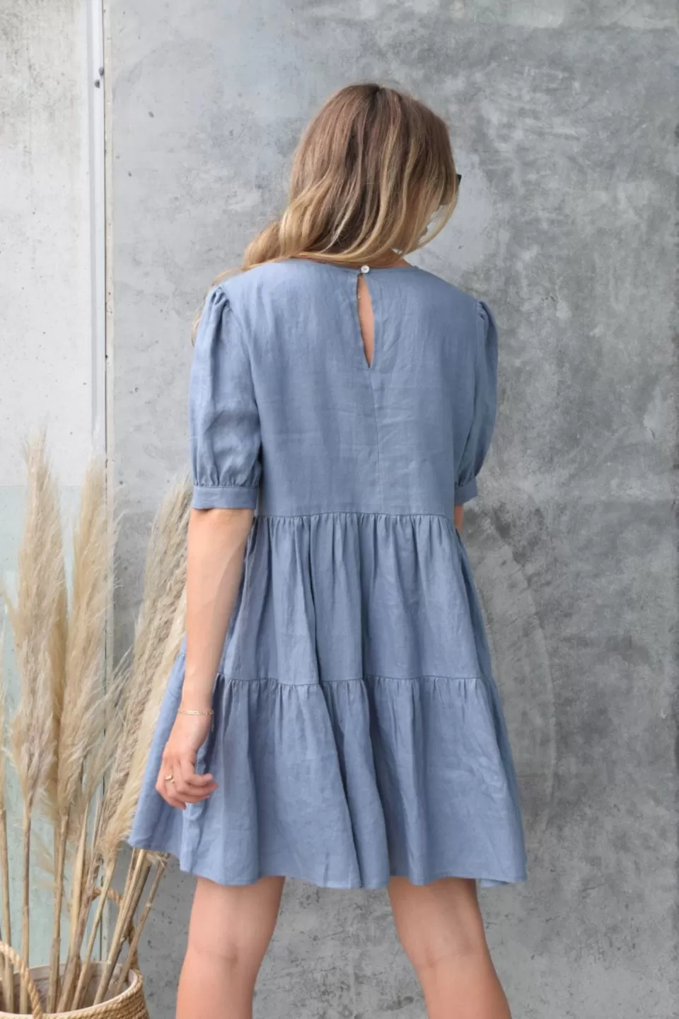 Breathtaking Puff Sleeve Pigeon Blue Tiered Linen Smock Dress