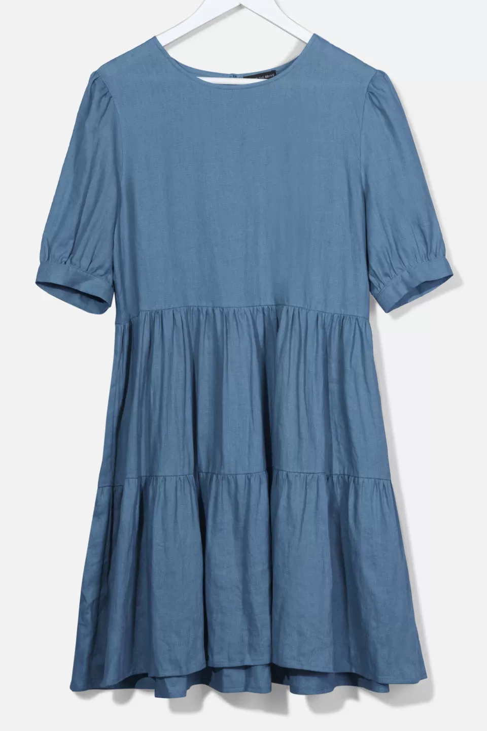 Breathtaking Puff Sleeve Pigeon Blue Tiered Linen Smock Dress