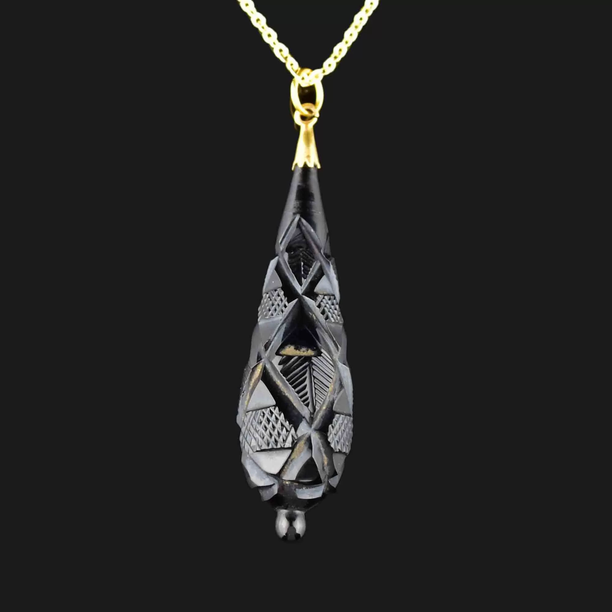 Carved Whitby Jet Victorian Pendant Necklace