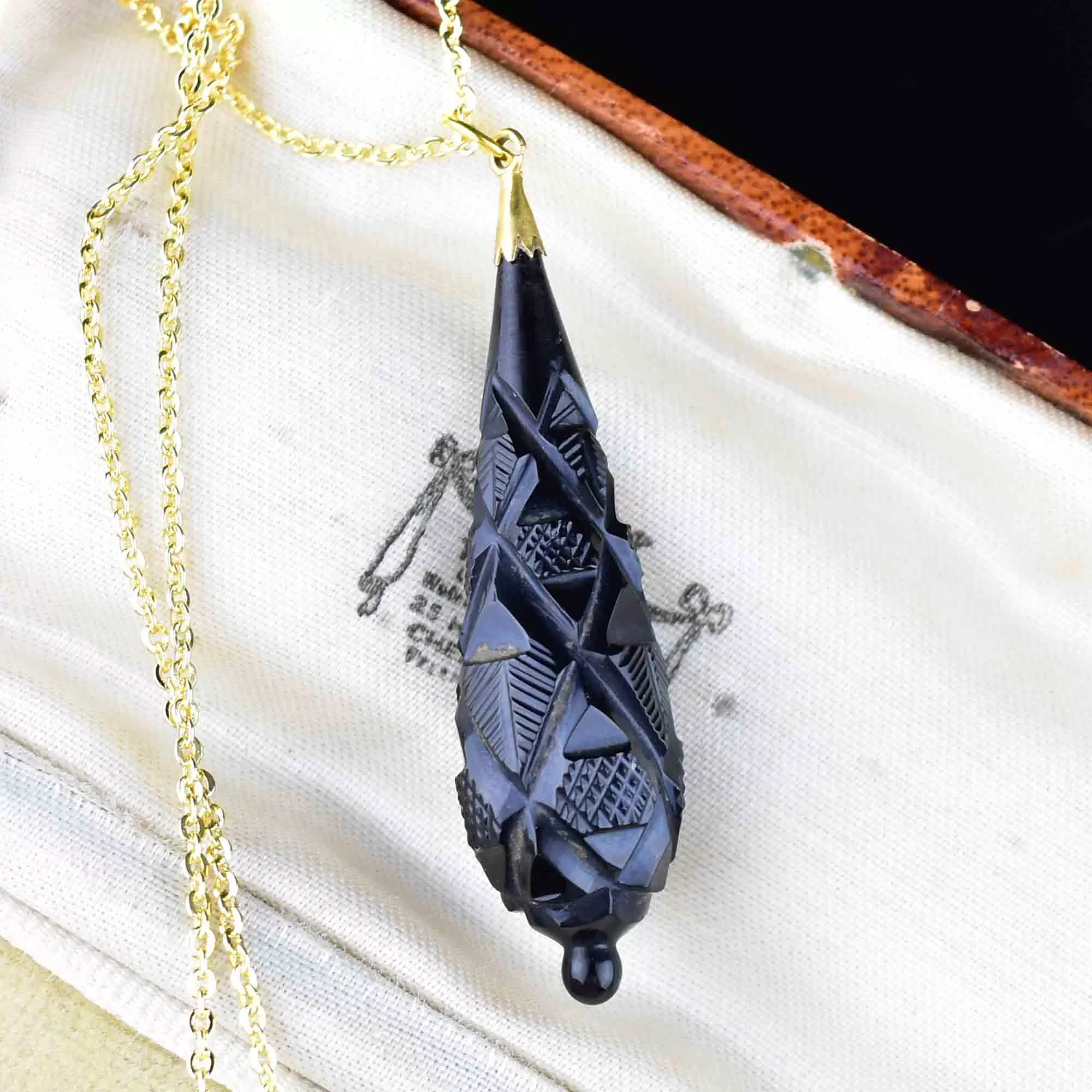 Carved Whitby Jet Victorian Pendant Necklace