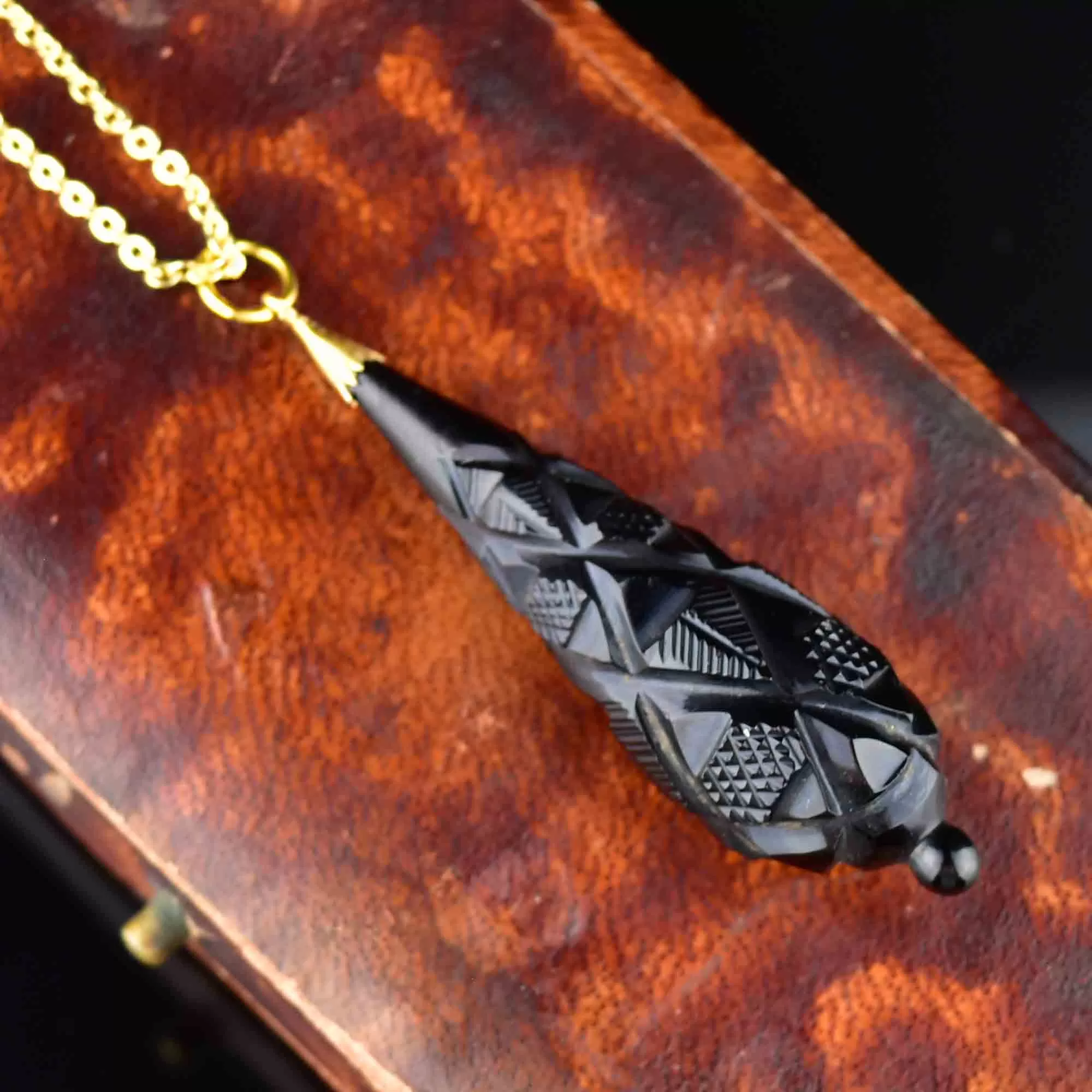 Carved Whitby Jet Victorian Pendant Necklace