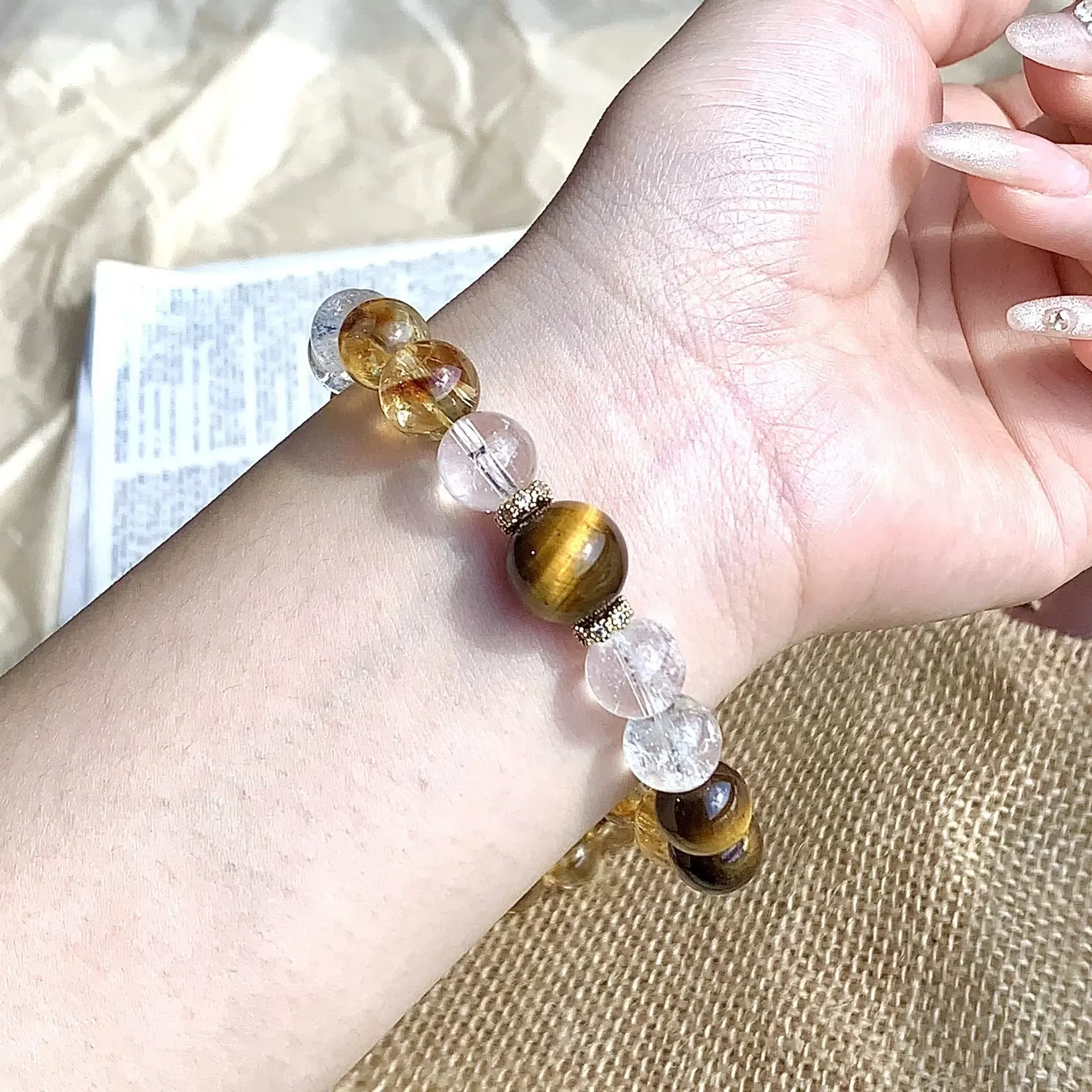 Clear Azeztulite Citrine Tiger's Eye Bracelet