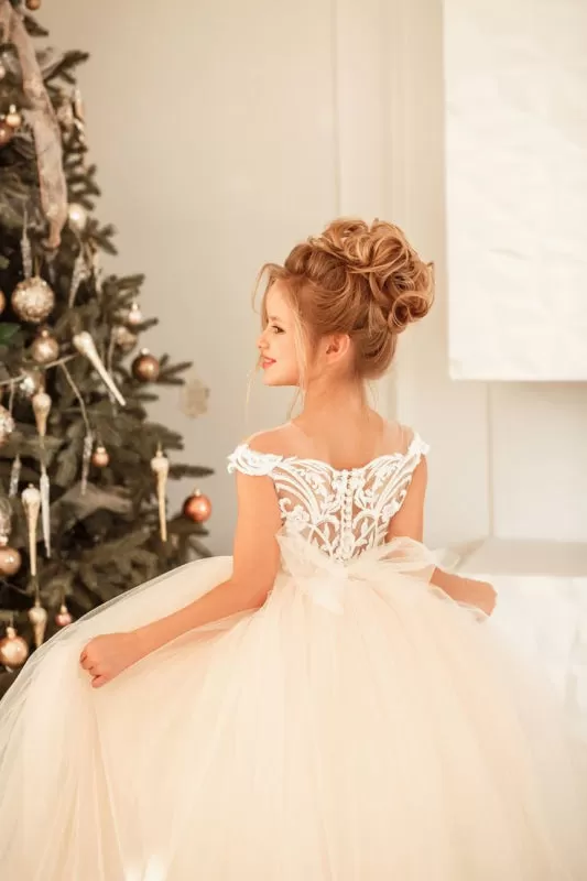 Cute White Lace Tulle Princess Girls Birtrhday Christmas Party Dress