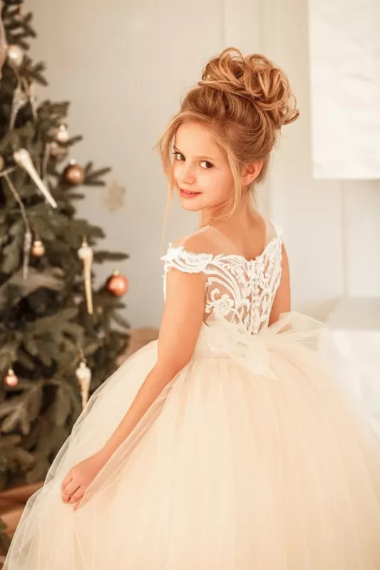 Cute White Lace Tulle Princess Girls Birtrhday Christmas Party Dress