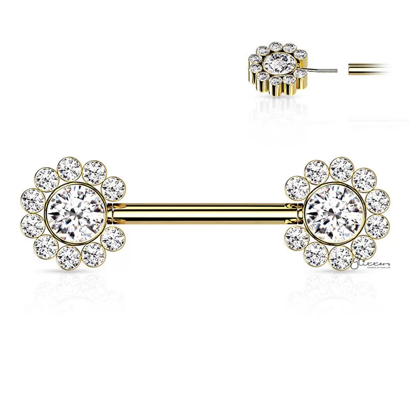 CZ Flower Push in Nipple Barbell - Gold