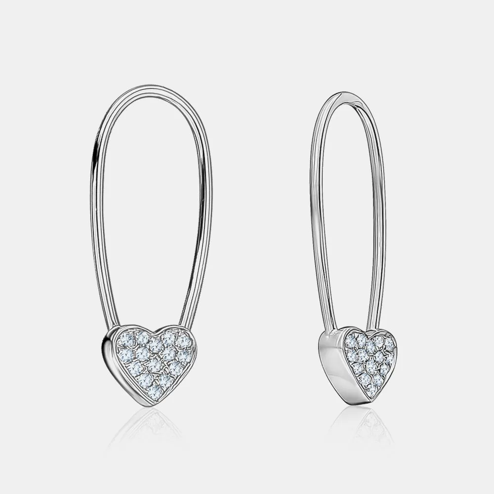 Diamond Heart Safety Pin Earrings